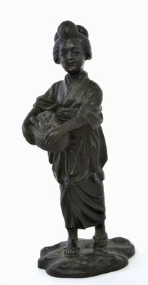 Figura Okimono Niña Geisha Bronce Japonesa Años 30 Estatuilla Llevando Cesta de Frutas Foto 1 de 4