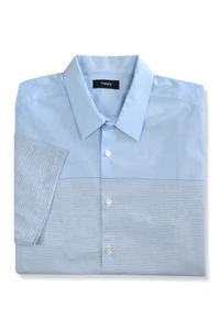 Theory Mens Blue Horizontal Striped Irving Short Sleeve Shirt Large L 3432-5 - Picture 1 of 2