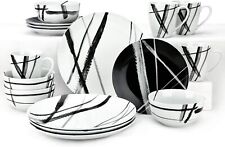 ZYAN 16 Piece Round Dinnerware Sets Black and White Metro Stoneware Dish Set D