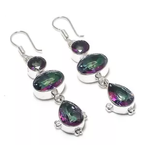 Mystic Topaz Gemstone Handmade 925 Sterling Silver Jewelry Earring Size 2.5" - Picture 1 of 1
