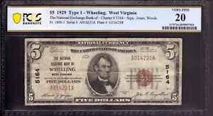 1929 $5 NATIONAL EXCHANGE BANK NOTE CURRENCY WHEELING WEST VIRGINIA PCGS VF 20 - Picture 1 of 2