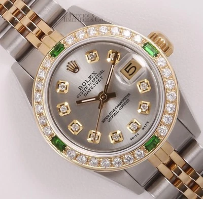 Rolex Lady Datejust 26 mm Dos Tonos Esmeralda Diamante Bisel Gris Esfera Diamante Foto 1 de 4
