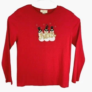 M&C Sportswear Knit Top Women XL Red Winter Snowmen Applique Holiday Christmas - Picture 1 of 6