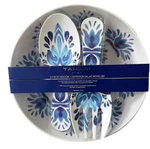 Tahari HOME 3 pc Melamine Indoor Outdoor Salad Bowl Set | Blue White Floral NEW - Picture 1 of 5