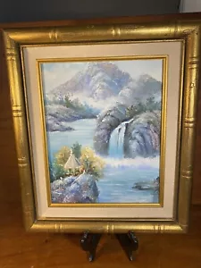 quadro vintage firmato cascata paesaggio di montagna incorniciato alberi di fiume arte 11x13 - Foto 1 di 9