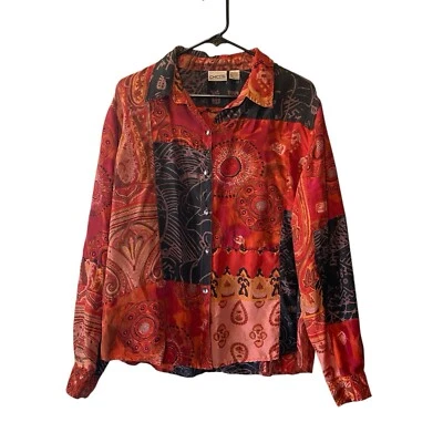 Blusa con botones Chico's para mujer 3 XL/16 100 % seda roja mezclada estampado oriental DEFECTUOSA Foto 1 de 4