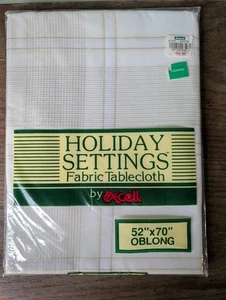 Vtg Holiday Settings Excell Fabric Tablecloth Oblong 52x70 White Gold Metallic - Picture 1 of 6