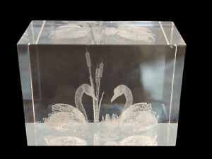 Swans cattails Love Crystal Glass 3D Laser Etched Hologram Paperweight wedding