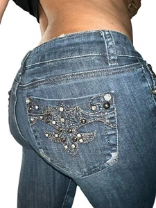 Grace In LA Rhinestone Studded Embroidered Bootcut Denim USA Womens Jean 7 X 33 - Picture 1 of 8