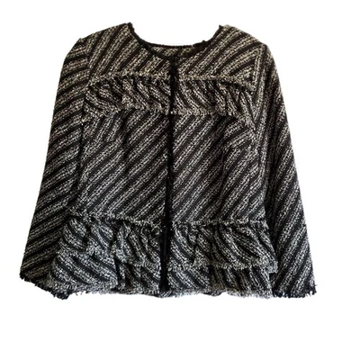 Chaqueta Ann Taylor Petite Mujer 10P Negra Blanca Tweed Rayas Flecos Volantes Nueva Foto 1 de 4