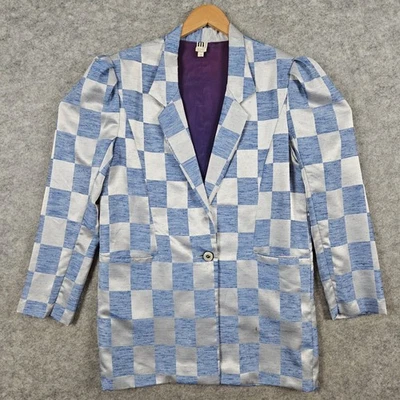 Blazer a Cuadros MJ Mujer Talla 14 Azul Plateado Un Botón Chaqueta Declaración PUNTOS Foto 1 de 4