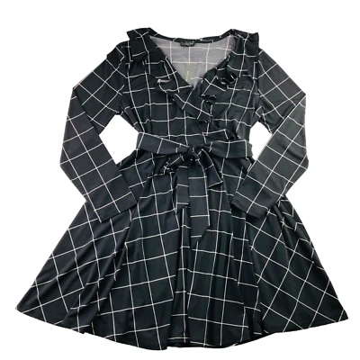 NUEVO Vestido The Limited Para Mujer Imitación Envolvente Volantes Cuello Corbata Cintura Negro Cuadros | L Foto 1 de 4