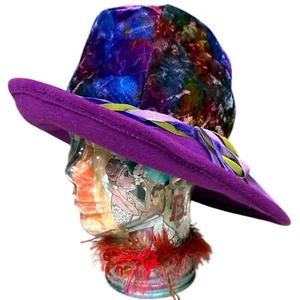 Vintage Gypsy Wizard Purple Wide Brim Hat Crushed Velvet Crown Ribbon Union Made - Picture 1 of 11