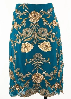 Saia Baraschi Chiffon Roseta Teal Bordada Dourada Forrada de Rosa Tamanho 10 32" Cintura - Imagem 1 de 4