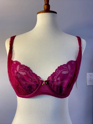 Nuevo con etiquetas Sujetador Vintage Betsey Johnson Rosa Lunares Malla Superposición Talla 36B Foto 1 de 4