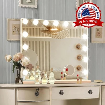 Espejo de tocador Hollywood con luces, 15 bombillas regulables, 3 luces de color - Image 1 of 4