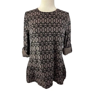 Lulu B Womens Size S Taupe Black Roll Tab Sleeve Blouse Cotton Blend Geometric - Picture 1 of 7