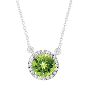 Ciondolo aureola 925 placcato oro bianco 14 kt peridoto naturale taglio tondo 1,40 ctw con catena - Foto 1 di 6