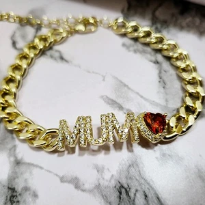 Gold Mum Red Heart Bracelet Adjustable Curb link 18k Layered Mothers Day Gift - Picture 1 of 5