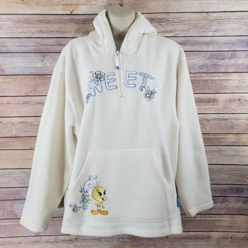 OFF WHITE Felpa con cappuccio Looney Tunes M vintage anni 90 Y2K 1 4 zip pile Tweety Bird avorio accogliente retrò