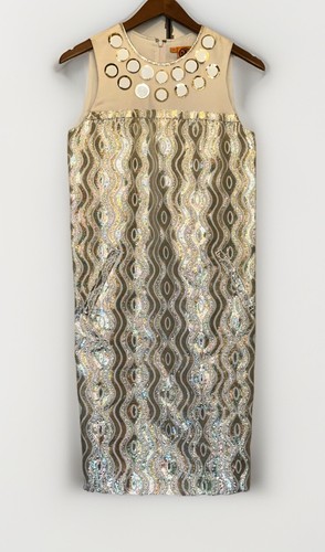 Abito a tubino senza maniche in seta avorio lume metallizzato oro TORY BURCH taglia 2