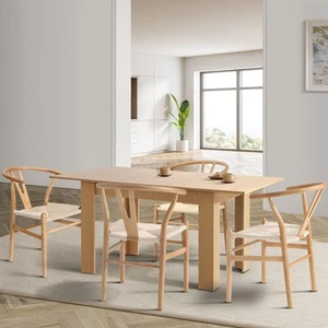 Oikiture 160cm Extendable Dining Table with 4x Hans Wegner Dining Chairs Natural - Picture 1 of 7