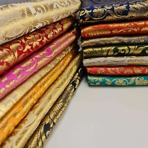 Floral Gold Leaf Damask Metallic Indian Banarasi Brocade Fabric Design 44" Meter