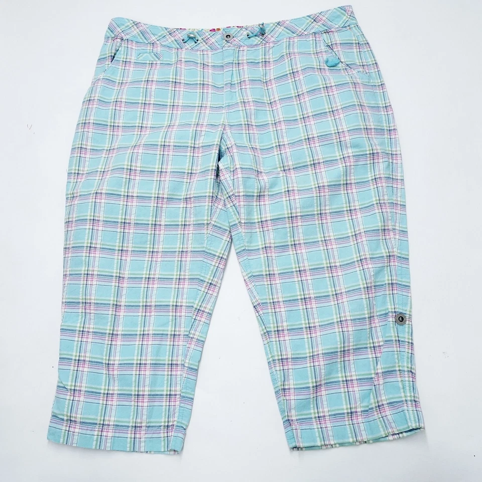Pantalones capri Oleg Cassini para mujer XL azul aguamarina a cuadros 100 % algodón pierna recta Foto 1 de 4
