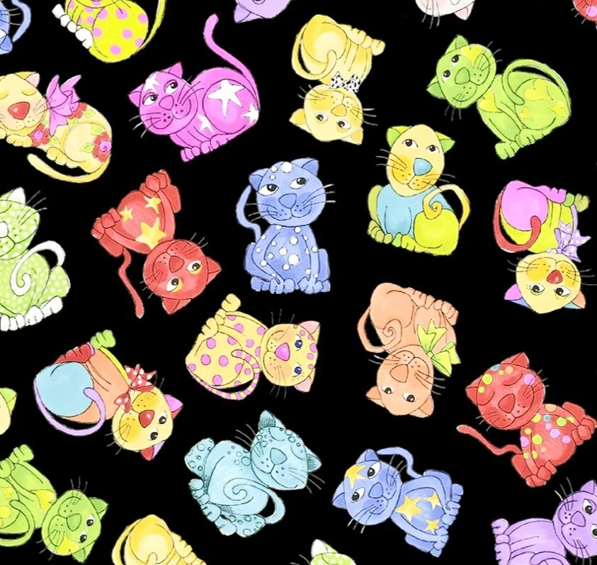 Loralie Designs - Tossed Happy 🐱 Cats Quilting and Crafting Cotton Fabric - Image 1 of 2