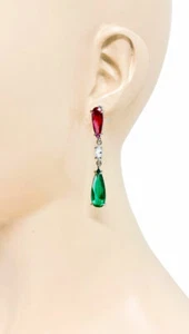 2.25" Linear Fuchsia Pink & Green Acrylic Crystals Dainty Casual Post Earrings - Picture 1 of 2