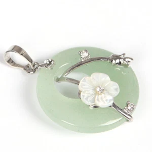 Handmade Genuine Green Agate Carved Shell Gems Silver Flower Necklace Pendants - Picture 1 of 7