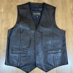 Wilson’s Men Medium Motorcycle Vest Black Leather Snap Multi-Pocket Biker Retro - Picture 1 of 11
