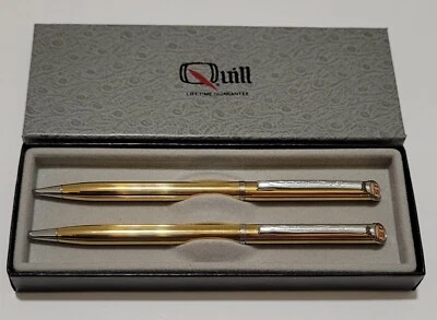 Conjunto de lápis vintage quill tom dourado nunca usado logotipo QSI - Imagem 1 de 4