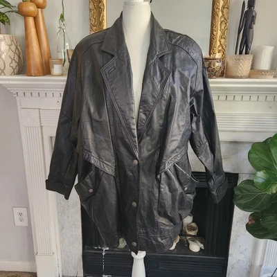 复古 80 年代黑色皮革外套风衣 Dolman 袖肩垫复古哥特 — 第 1/4 张图片