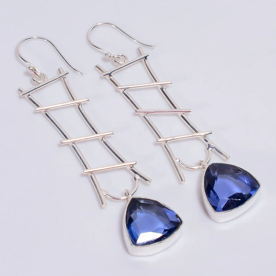 Pendientes étnicos de piedras preciosas de iolita de plata de ley 925 3" KE-469 D876 Foto 1 de 4