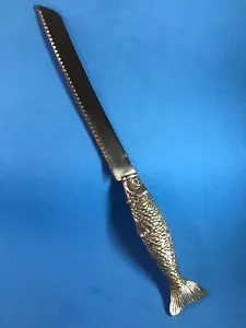Judaica Challah Knife Sterling 925 Figural Fish Handle Stainless Blade Vintage - Picture 1 of 12