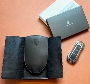 PORSCHE LEATHER KEYCHAIN IN BLACK KEY RING POUCH - Picture 1 of 10