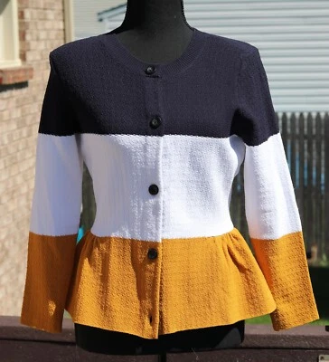 Cárdigan Ann Taylor azul marino/blanco/mostaza bloque rayas 3/4 SLV S con etiquetas Foto 1 de 4