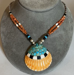 Vtg Native Santo Domingo Pueblo SPINY OYSTER-Coral-Turquoise-Onyx Necklace 19" - Picture 1 of 12