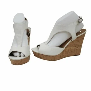BP Wedges 10 M White Cork Brown Peep Toe Slingback Vegan Faux Leather Strappy - Picture 1 of 8