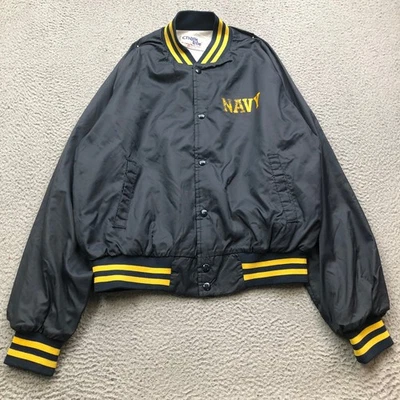 Chaqueta de bombardero vintage años 80 Chalk Line US Navy para hombre grande botón a presión amarillo marino Foto 1 de 4