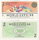 AUSTRALIA WORLD EXPO 88 - 2 Expo Dollar note - UNC