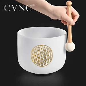 Tazón de canto de cristal esmerilado Flor de la Vida CVNC 528Hz 8" C con junta tórica mazo - Imagen 1 de 5