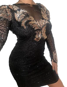 Abito da cocktail vintage Scala donna taglia S nero oro perline paillettes 100% seta rete - Foto 1 di 11