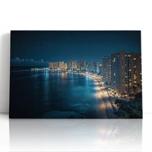 Waikiki Beach Night Skyline Canvas Print Wall Art – Honolulu Ocean City Lights - Picture 1 of 10