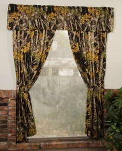 BLACK CAMO CAMOUFLAGE THE WOODS 5PC CURTAIN SET HUNTING CABIN LODGE CURTAINS - Picture 1 of 3