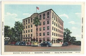 Postcard Marianna Florida Hotel Chipola Old Cars Palm Trees Vintage