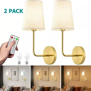 2Pcs Battery Operated Wall Sconce Lamps Wall Lights Remote Control Gold Bedroom - Picture 1 of 11