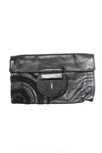 R&Y Augousti Womens Leather Snake Skin Stingray Buckled Clutch Handbag Black - Picture 1 of 4