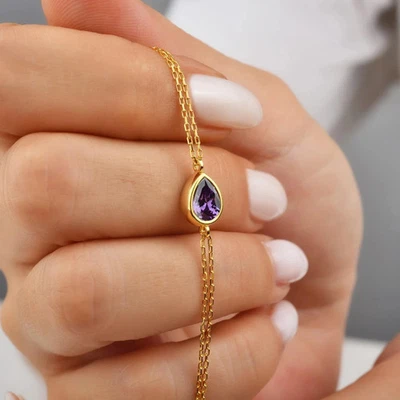 Brazalete de cadena para mujer de 7" de amatista creado por laboratorio de pera de 3 quilates enchapado en oro amarillo de 14 k Foto 1 de 4